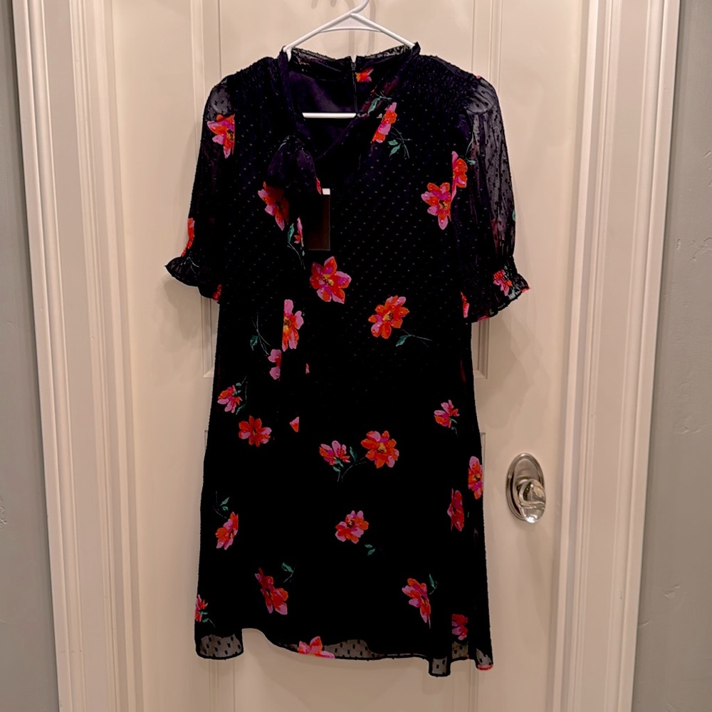 SALE DKNY Navy Blue Pink Orange Floral Tea Length Sheer Lined Shift Dress Size 8
